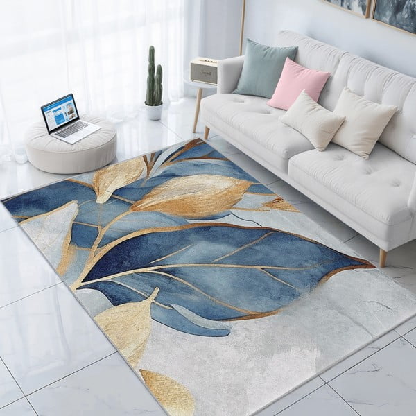 Kék-aranyszínű mosható szőnyeg 120x180 cm Golden Leaves – Mila Home-image-1