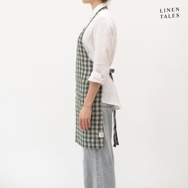 Len kötény Forest Green Gingham – Linen Tales-image-2