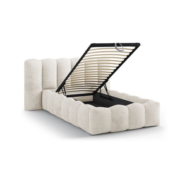 Bézs kárpitozott ágyneműtartós egyszemélyes ágy ágyráccsal 90x200 cm Lupine – Micadoni -image-1