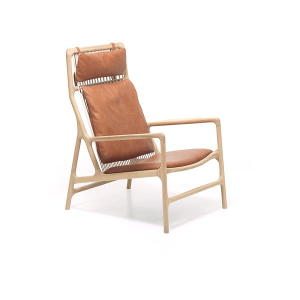 Dedo fotel tömör tölgyfa lábakkal, konyakbarna bivalybőr ülőpárnával - Gazzda