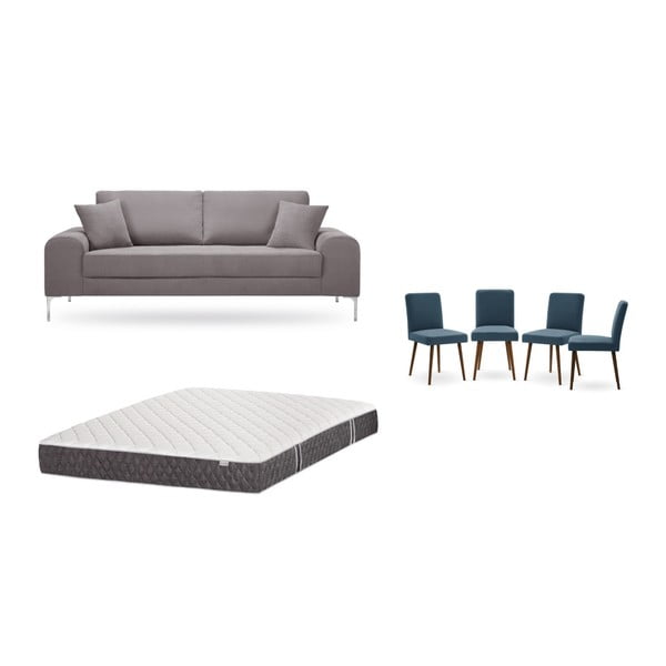 Barna, háromszemélyes kanapé, 4 db kék szék, matrac (160 x 200 cm) szett - Home Essentials