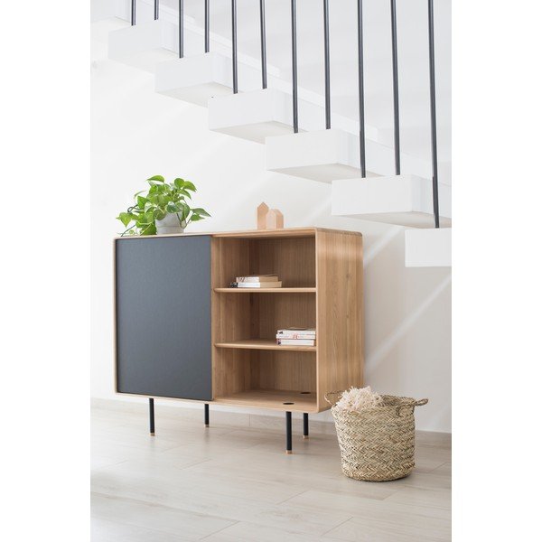 Fekete-natúr színű tölgyfa alacsony komód 118x100 cm Fina – Gazzda-image-1