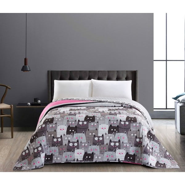 Cat Invasion kétoldalas mikroszálas szürke ágytakaró, 170 x 270 cm - DecoKing