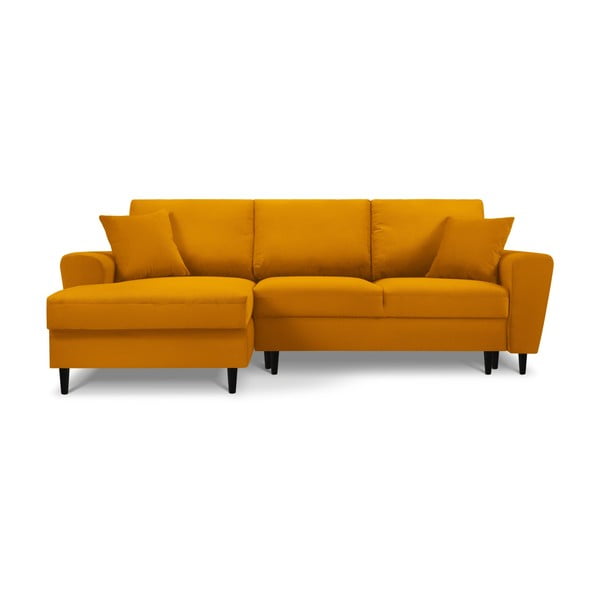 Mustársárga kordbársony kinyitható tárolóhelyes sarokkanapé (bal oldali-heverő résszel) Kyoto – Cosmopolitan Design