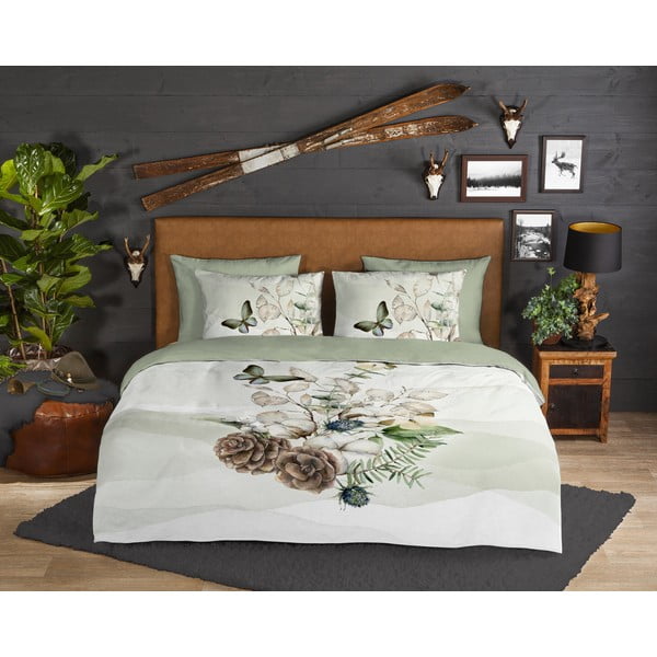 Zöld-krémszínű egyszemélyes hosszabbított flanel ágyneműhuzat 140x220 cm Marjan – Good Morning-image-1