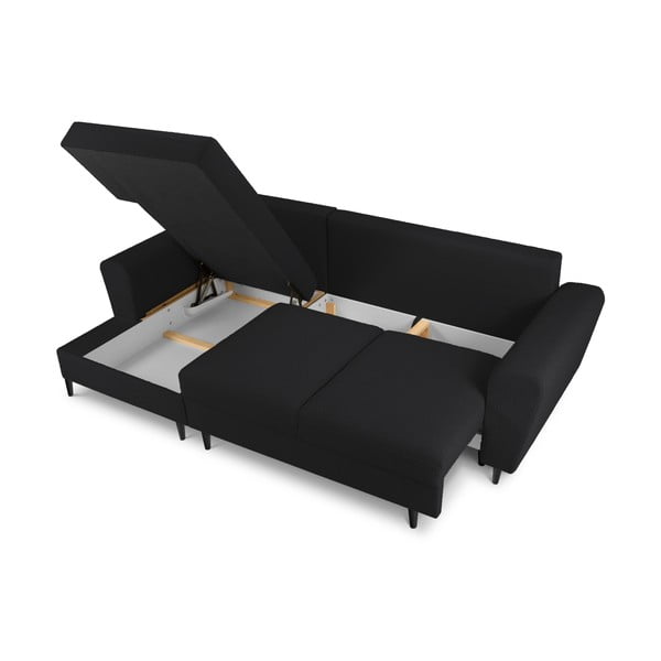 Fekete buklé kinyitható tárolóhelyes sarokkanapé (bal oldali-heverő résszel) Kyoto – Cosmopolitan Design-image-3