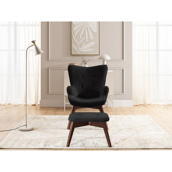 Fekete kordbársony fotel lábtartóval Niko – Ropez-image-1