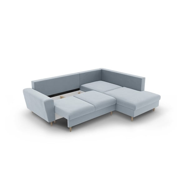 Világoskék bársony kinyitható tárolóhelyes sarokkanapé (jobb oldali-L alakú) Kyoto – Cosmopolitan Design-image-3