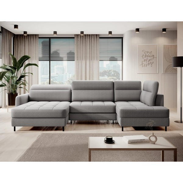 Világosszürke bársony kinyitható-tárolóhelyes sarokkanapé (jobb oldali-U alakú) Berrto – ELTAP-image-1