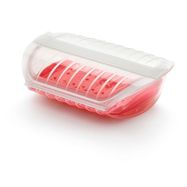 Steam Case átlátszó szilikon sütőedény piros tálcával, 3-4 adaghoz - Lékué