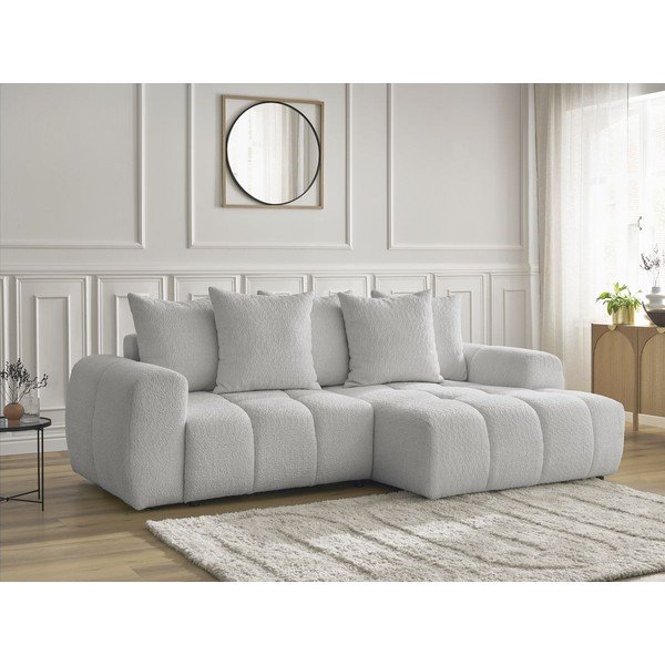 Világosszürke buklé kinyitható-tárolóhelyes sarokkanapé (jobb oldali-heverő résszel) Roxelane – Bobochic Paris-image-3