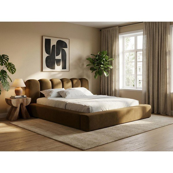 Bézs kárpitozott ágyneműtartós franciaágy ágyráccsal 140x200 cm Mano – Makamii-image-1