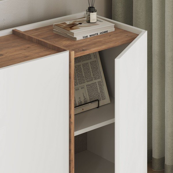 Fehér komód kábellyukkal borovi fenyő dekorral 180x80x45 cm Dorma – Kalune Design-image-4