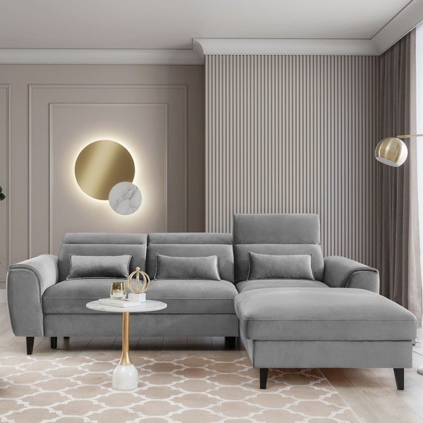 Szürke bársony kinyitható-tárolóhelyes sarokkanapé (jobb oldali-heverő résszel) Foble – ELTAP-image-1