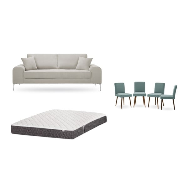 Krémszínű, háromszemélyes kanapé, 4 db szürkészöld szék, matrac (160 x 200 cm) szett- Home Essentials