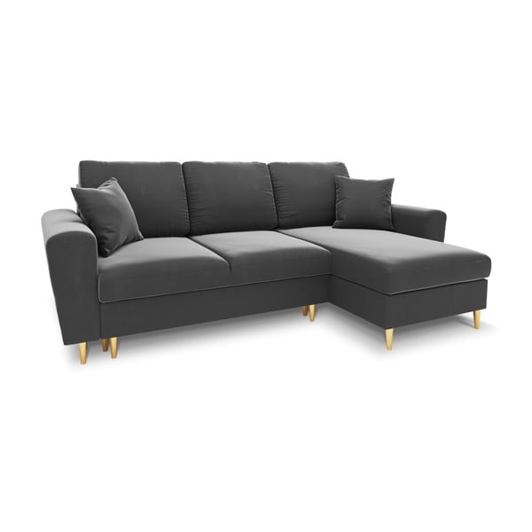 Világosszürke bársony kinyitható tárolóhelyes sarokkanapé Kyoto – Cosmopolitan Design