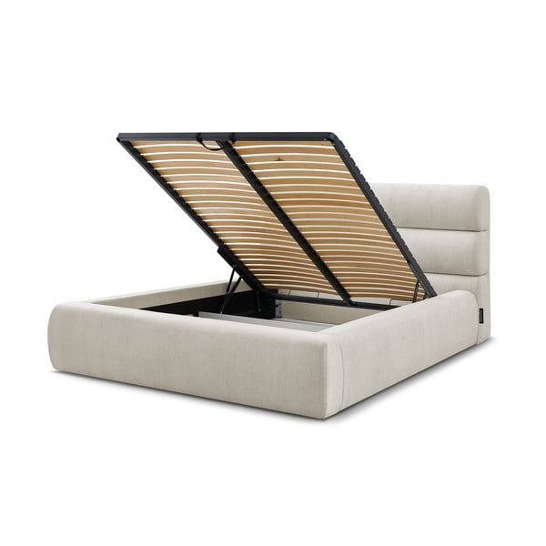 Bézs kárpitozott franciaágy tárolóhellyel, ágyráccsal 160x200 cm Jagna – Bobochic Paris-image-4