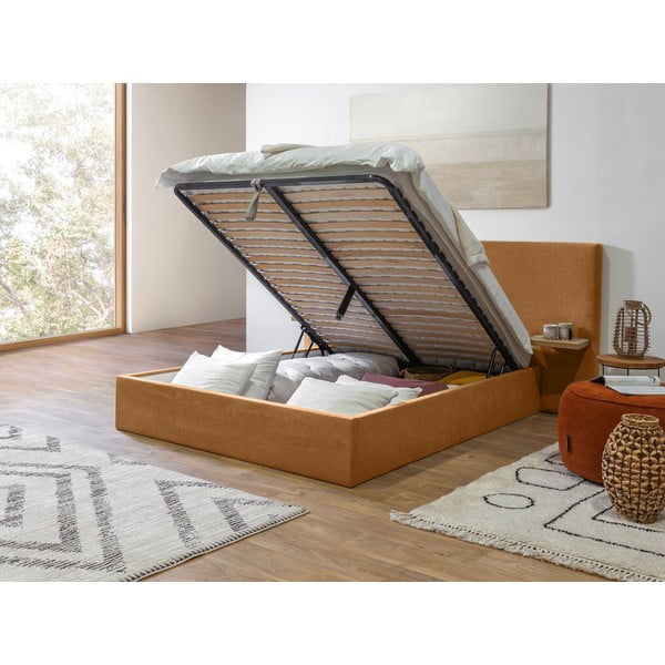 Okkersárga kárpitozott franciaágy tárolóhellyel ágyráccsal 160x200 cm Blandine – Bobochic Paris-image-3