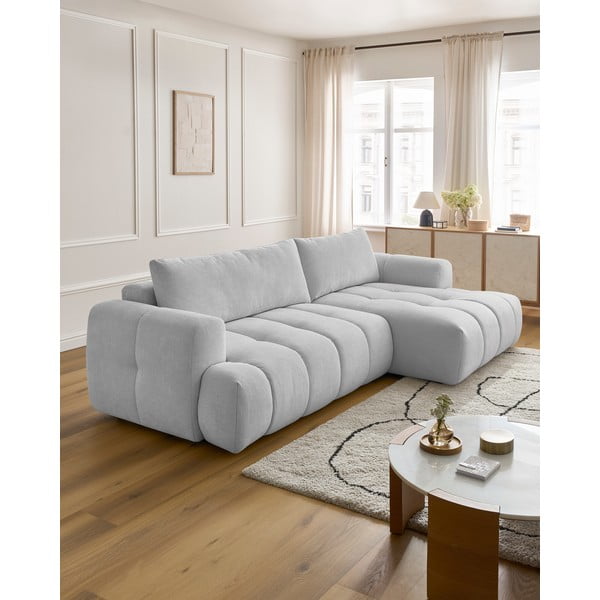Világosszürke kinyitható-tárolóhelyes sarokkanapé (jobb oldali-heverő résszel) Fuji – Bobochic Paris-image-1