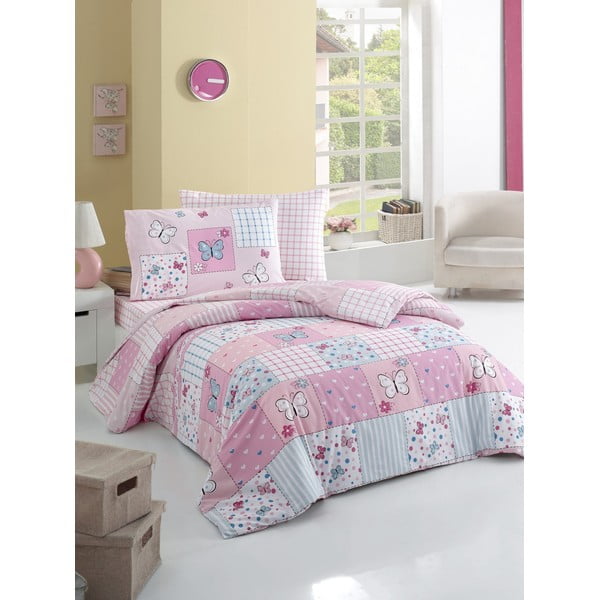 Butterfly rózsaszín ágyneműhuzat-garnitúra lepedővel egyszemélyes ágyhoz, 160 x 220 cm