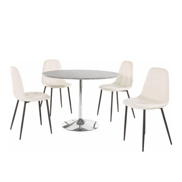 Terri Concrete kerek étkezőasztal és 4 részes fehér szék szett - Støraa