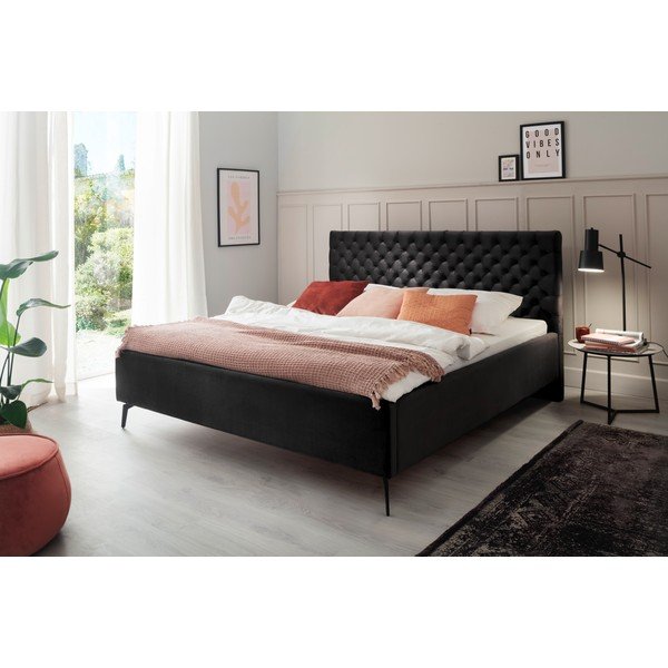 Fekete kárpitozott ágyneműtartós franciaágy ágyráccsal 180x200 cm La Maison – Meise Möbel-image-1