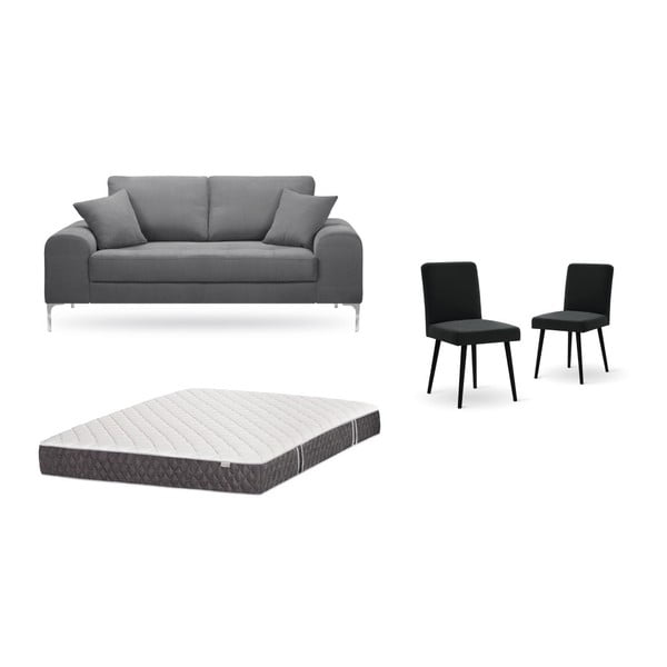 Szürke, kétszemélyes kanapé, 2 db fekete szék, matrac (140 x 200 cm) szett - Home Essentials