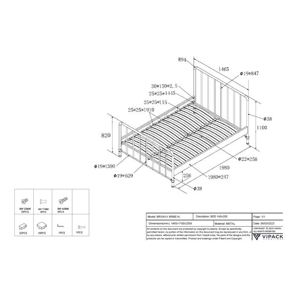 Fekete fém egyszemélyes ágy ágyráccsal 140x200 cm BRONXX – Vipack-image-4