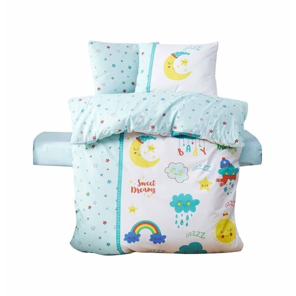 Fehér-mentazöld négyrészes  renforcé pamut gyerek ágyneműhuzat babaágyhoz lepedővel 100x150 cm – Mijolnir