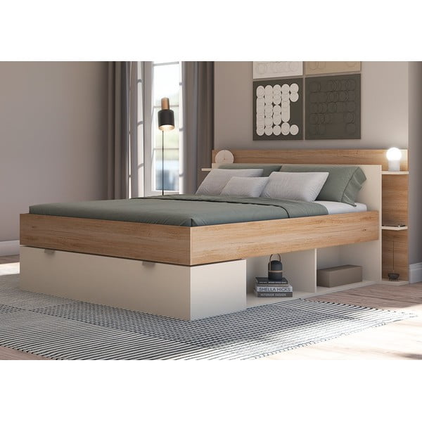 Fehér-natúr színű ágyneműtartós franciaágy ágyrács nélkül, tölgyfa dekorral  140x190 cm Albo – Marckeric-image-2