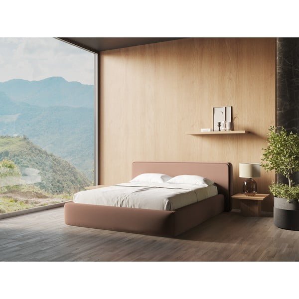 Világos rózsaszín kárpitozott ágyneműtartós franciaágy ágyráccsal 140x200 cm Kiana – Makamii-image-1