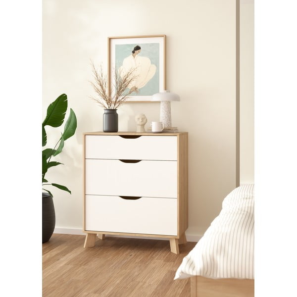 Fehér-natúr színű komód tölgyfa dekorral 79x92x40 cm Ikast – Tvilum-image-3