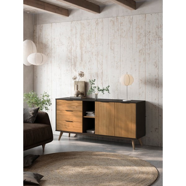 Fekete-natúr színű borovi fenyő alacsony komód 165x80 cm Lavis – Marckeric-image-1