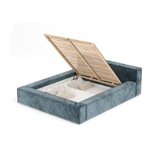 Szürkéskék kárpitozott ágyneműtartós franciaágy ágyráccsal 180x200 cm Voliera – Maison de Rêve-image-4