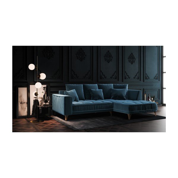 Chloe sötétkék bársony sarokkanapé, jobb oldali, 256 cm - devichy-image-3