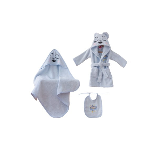 Kék pamut gyerek fürdőköpeny és fürdőlepedő szett 3 db-os 0-2 év Bear – Foutastic