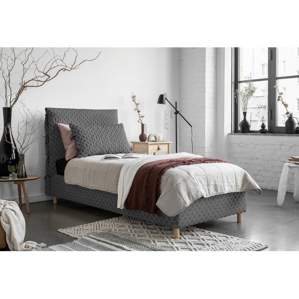 Szürke kárpitozott egyszemélyes ágy ágyráccsal 90x200 cm Sleepy Luna – Miuform-image-1