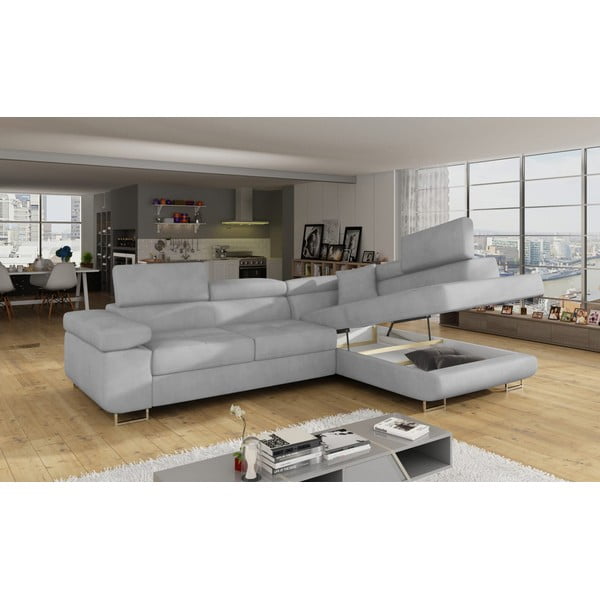 Világosszürke bársony kinyitható-tárolóhelyes sarokkanapé (jobb oldali-L alakú) Anton – ELTAP-image-4