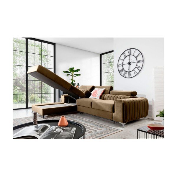 Világosbarna bársony kinyitható-tárolóhelyes sarokkanapé (bal oldali-heverő résszel) Grayson – ELTAP-image-3