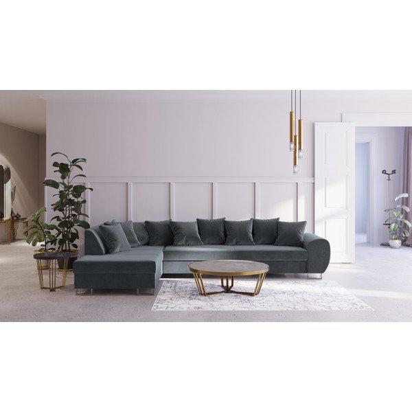 Calmato szürke bársony sarokkanapé, bal oldali - Kooko Home-image-1