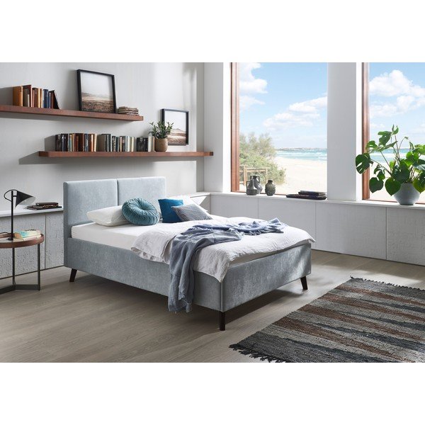 Világoskék kárpitozott franciaágy ágyráccsal 140x200 cm Piano – Meise Möbel-image-1