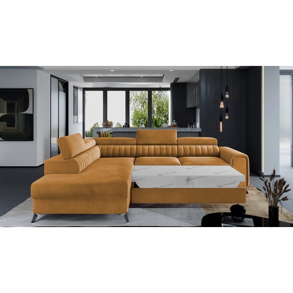 Sárga bársony kinyitható-tárolóhelyes sarokkanapé (bal oldali-L alakú) Laurence – ELTAP-image-2