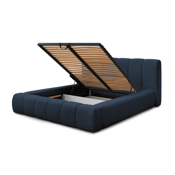 Sötétkék kárpitozott ágyneműtartós franciaágy ágyráccsal 160x200 cm Denali – Bobochic Paris-image-4