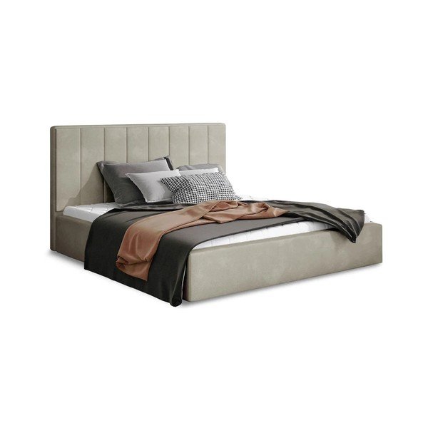 Bézs kárpitozott ágyneműtartós franciaágy ágyráccsal 200x200 cm Audrey – ELTAP