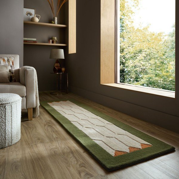 Zöld-natúr színű kézi szövésű gyapjú futószőnyeg 60x230 cm Apex Border Wool – Flair Rugs-image-1