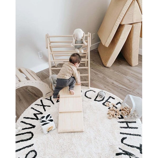 Krémszínű mosható kézi szövésű pamut gyerek szőnyeg ø150 cm ABC Natural Black – Lorena Canals-image-1