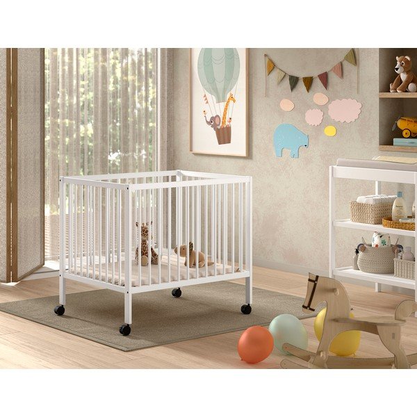 Fehér bükkfa járóka állítható magassággal-gurulós 95x75 cm Dino – Vipack-image-1