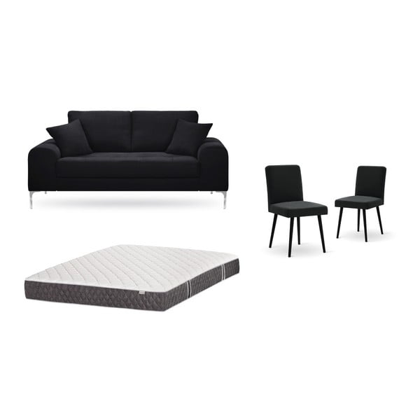 Fekete, kétszemélyes kanapé, 2 db fekete szék, matrac (140 x 200 cm) szett - Home Essentials