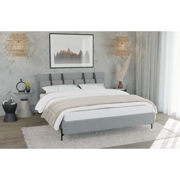 Világosszürke kárpitozott franciaágy ágyráccsal 160x200 cm Tulsa – Ropez-image-1