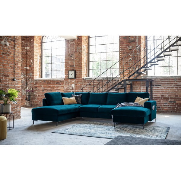 Petróleumkék bársony kinyitható sarokkanapé (bal oldali) Lofty Lilly – Miuform-image-3